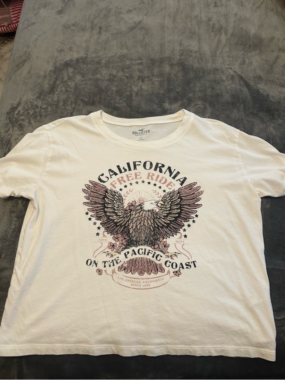 Hollister White Graphic Crop Top with Black and Pink Eagle Print